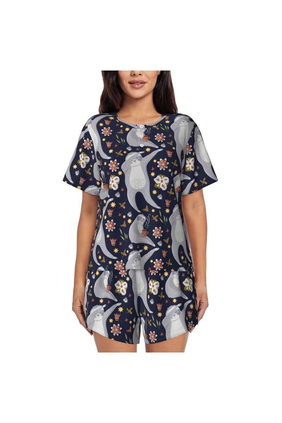 Sloths Dancing for 2 Piece Short Sleeves Pajama Sets Casual Lounge Sleepwear Ladies Pjs Sets with Pocket-Medium