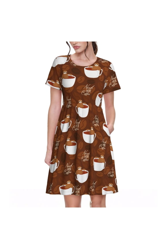 Sloths Need More Coffee Pattern Women’s Short Sleeve Dress – Casual Elegant Summer A-Line Dress for Everyday Wear
