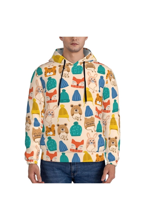 Small Animals with Knit Hat Pattern Pattern Mens Hoodie, Pullover Hooded Sweatshirt, Kangaroo Pocket Hoodie Ideal for Daily Wear, Travel and Home-Small