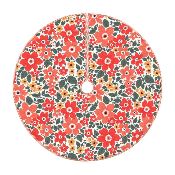 Rateoe Small Coral Red Flowers Pattern Christmas Tree Skirt with Ties , Christmas Tree Decorations, Farmhouse Christmas Decor Xmas Holiday Decorations-30"