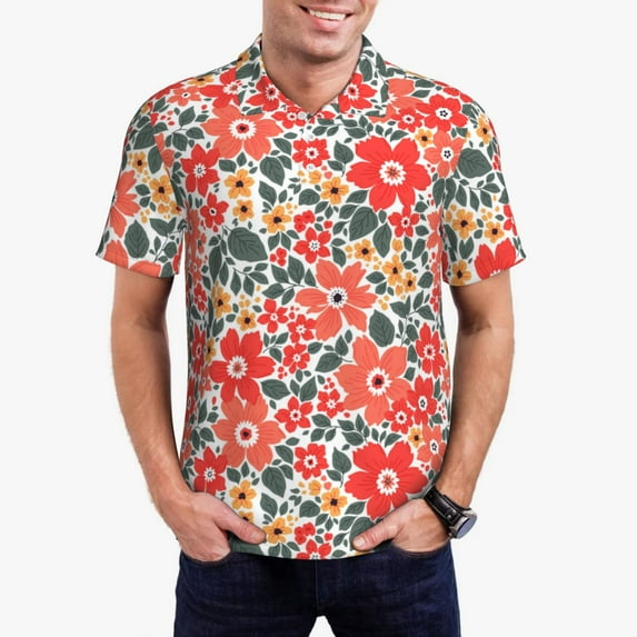 Rateoe Small Coral Red Flowers Pattern Men's Short Sleeve Polo Shirts, Golf Polo Shirts Short Sleeve Performance Moisture Wicking Dry-3X-Large