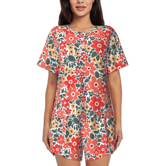 Rateoe Small Coral Red Flowers Pattern Women's Short-Sleeved Pajama Set - 2 Piece Soft and Lightweight Sleepwear Set-Small