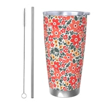 Rateoe Small Coral Red Flowers Printed Car Guy Gifts for Men Women Tumbler - 20oz/590ml Vacuum Insulated Stainless Steel Travel Tumbler Cups with Lid & Straw-Straw Two-piece Set