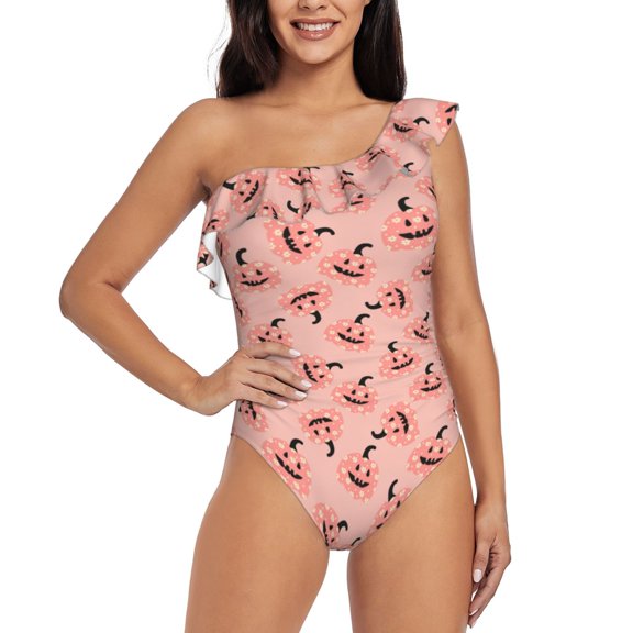 Rateoe Smiling Pink Pumpkins Pattern Women One Piece Swimsuits Tummy Control One Shoulder Bathing Suits Ruffle Swimwear-