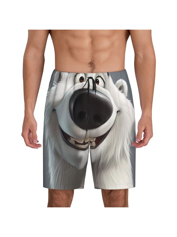 Smiling Polar Bear Print Men's Lounge Shorts Soft & Breathable Pajama Bottoms with Pockets, Elastic Waistband, Lightweight Sleepwear for Nightwear & Loungewear-