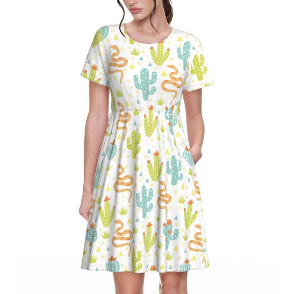 Rateoe Snake And Cactus Pattern Women’s Short Sleeve Dress – Casual Elegant Summer A-Line Dress for Everyday Wear