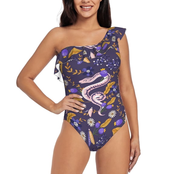 Rateoe Snake And Floral Pattern Women One Piece Swimsuits Tummy Control One Shoulder Bathing Suits Ruffle Swimwear-Small