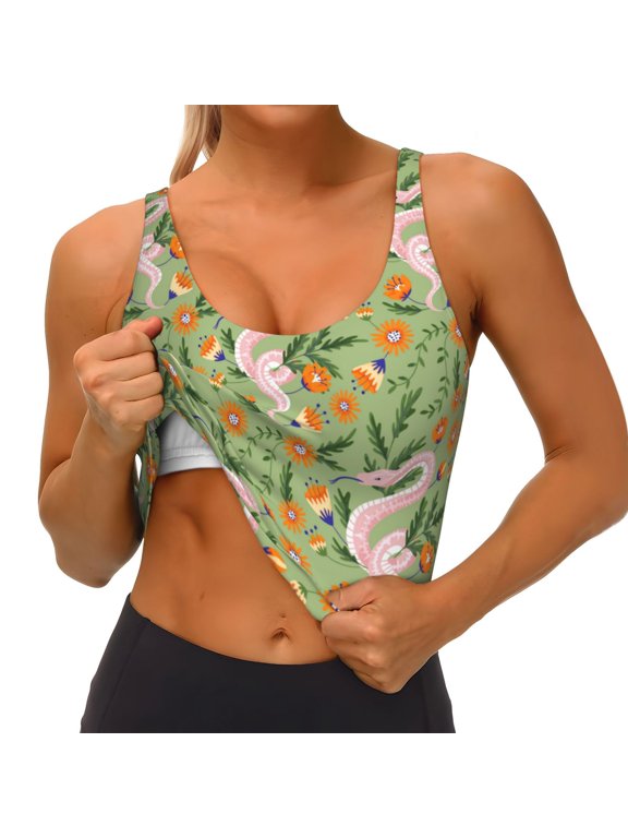Snake And Floral Print Womens' Sports Bras Scoop Neck Sports Vest- Padded U Back Seamless High Impact Support