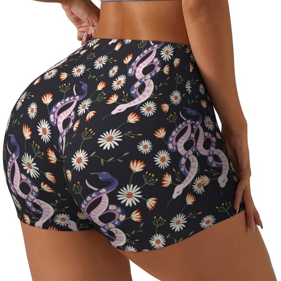 Rateoe Snake And Floral1 Printed Power Workout Shorts for Women Tummy Control Squat Proof Ribbed Thick Seamless Scrunch Active Short-Medium