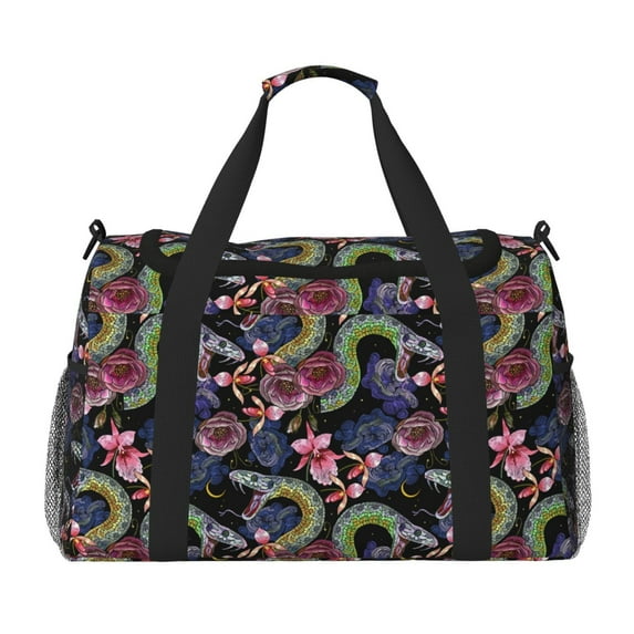 Rateoe Snake And Flower Pattern Gym Bag for Women, Duffle Bag for Travel with Wet Pocket, Carry on Weekender Bags for Women, Water Resistant Travel Bag Duffel Bag