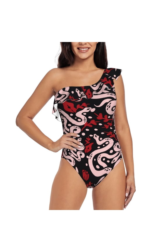 Snake And Rose Pattern Women One Piece Swimsuits Tummy Control One Shoulder Bathing Suits Ruffle Swimwear-Large