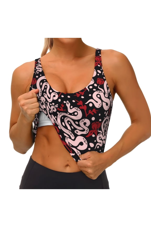Snake And Rose Print Womens' Sports Bras Scoop Neck Sports Vest- Padded U Back Seamless High Impact Support