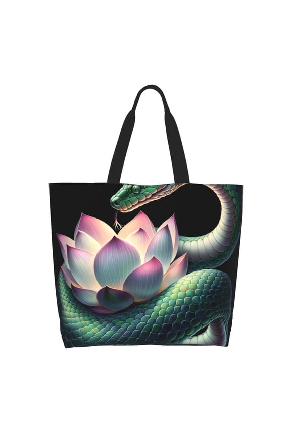 Snake Holding A Lotus Tote Bag - Waterproof Lightweight Handbags Travel Shoulder Bag for Hiking Yoga Gym Swimming Travel Beach