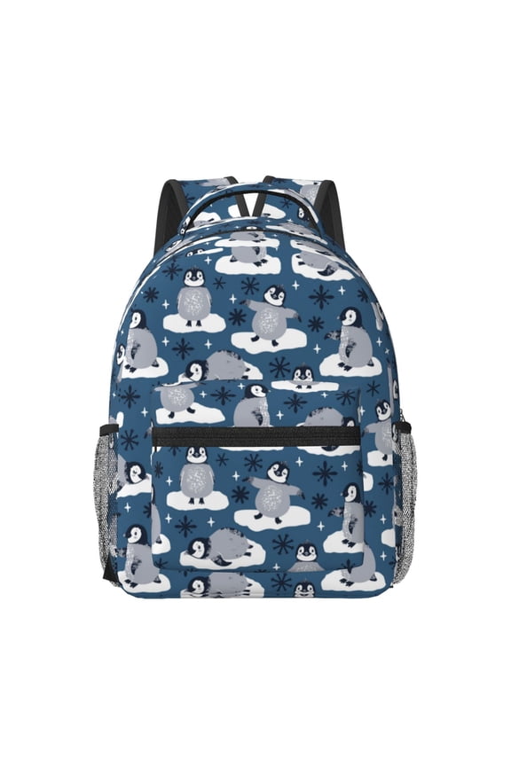Snow Penguin Pattern Durable Student Backpack Laptop Bag- Ergonomic Design, Waterproof Twill Fabric - Ideal for School, Travel, and Outdoor Activities