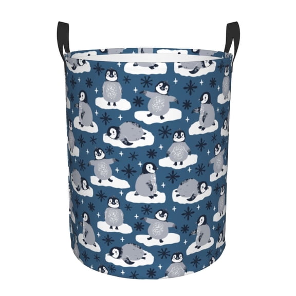 Rateoe Snow Penguin Pattern Round Laundry Hamper Basket, Tall Hamper Basket for Blanket Storage, Nursery Clothes Hamper for Laundry in Bedroom and College Dorm-Small