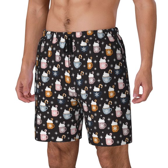 Rateoe Snowflake Cream Hot Cocoa Pattern Men’s Swim Shorts with Compression Liner – Double-Layered Quick-Dry Swimwear, Comfortable & Stretchy Beach Shorts-Large
