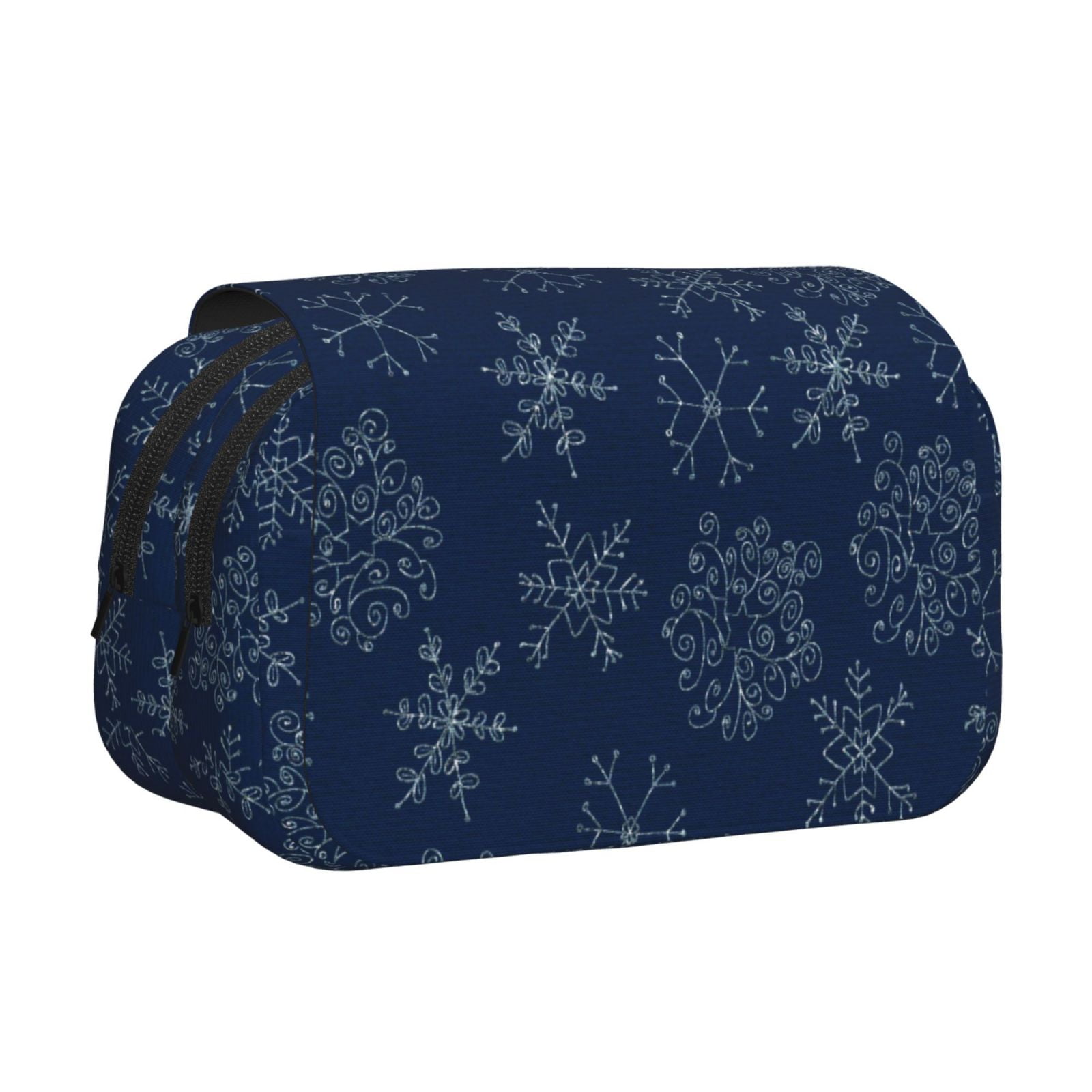 Rateoe Snowflake Dark Blue Pattern Double Clamshell Pen Case, Storage Organizer with Two Zipper Compartments– Holds Up to 50 Pencils & Pens