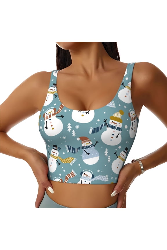 Snowflake Scarf Snowman Print Womens' Sports Bras Scoop Neck Sports Vest- Padded U Back Seamless High Impact Support-Small