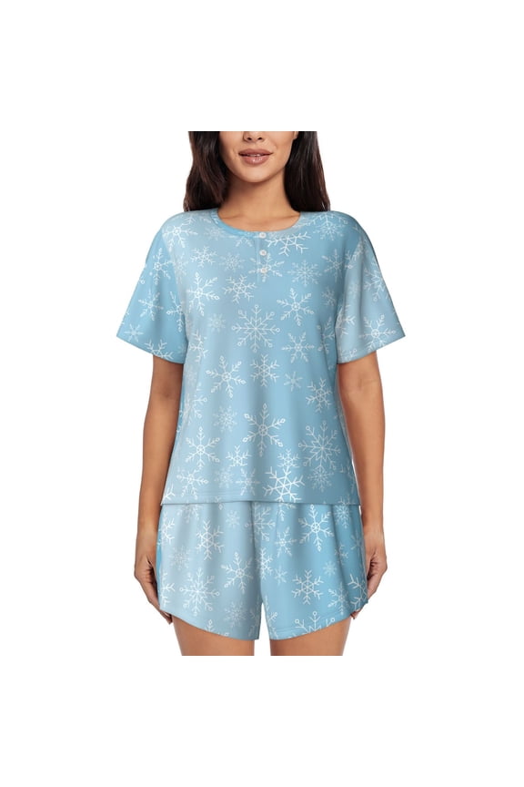 Snowflake Snowing Pattern Women's Short-Sleeved Pajama Set - 2 Piece Soft and Lightweight Sleepwear Set-Medium