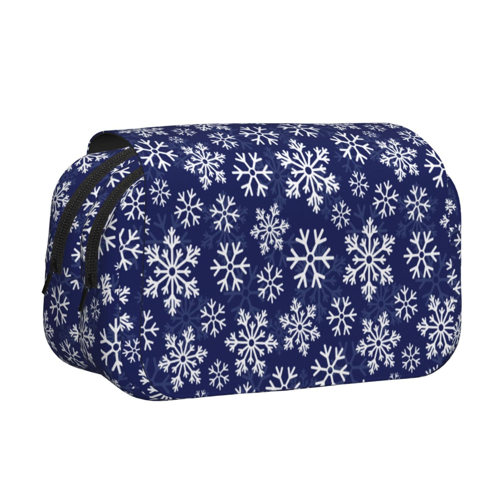 Rateoe Snowflakes On Dark Blue Pattern Double Clamshell Pen Case, Storage Organizer with Two Zipper Compartments– Holds Up to 50 Pencils & Pens