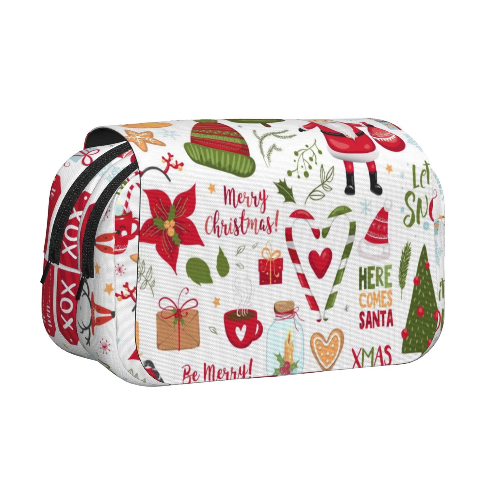 Rateoe Snowflakes Santa Claus Pattern Double Clamshell Pen Case, Storage Organizer with Two Zipper Compartments– Holds Up to 50 Pencils & Pens