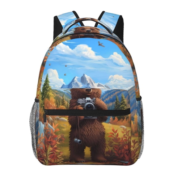Rateoe Snowy Mountain Photography Bear Pattern Casual Backpack for School, Work, Travel Adjustable Straps, Multiple Compartments Ergonomic Design, Fits Laptops and Tablets