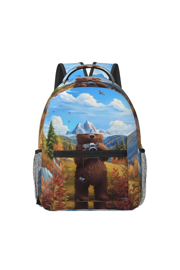 Snowy Mountain Photography Bear Pattern Durable Student Backpack Laptop Bag- Ergonomic Design, Waterproof Twill Fabric - Ideal for School, Travel, and Outdoor Activities