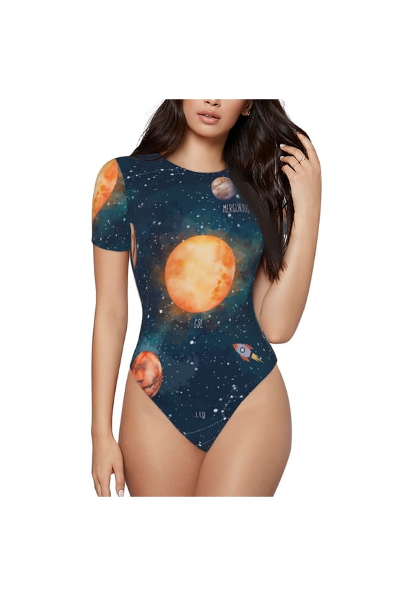 Solar System And Planets Printed Women Rash Guard Short Sleeve,Tummy control Swimsuit Surfing Swimsuit Bathing Suit Short-sleeved Onesie UPF 50+ -Medium