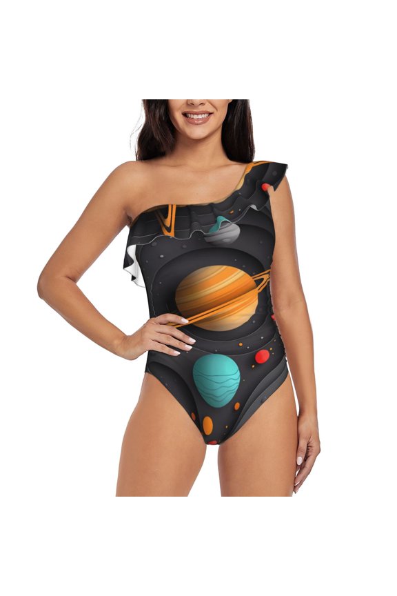Solar System Paper Art Pattern Women One Piece Swimsuits Tummy Control One Shoulder Bathing Suits Ruffle Swimwear-