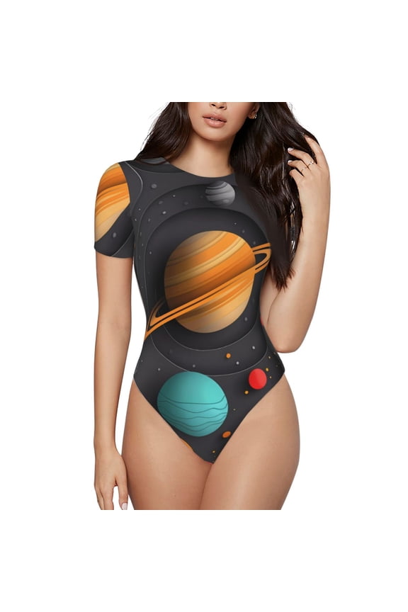 Solar System Paper Art Printed Women Rash Guard Short Sleeve,Tummy control Swimsuit Surfing Swimsuit Bathing Suit Short-sleeved Onesie UPF 50+ -Medium
