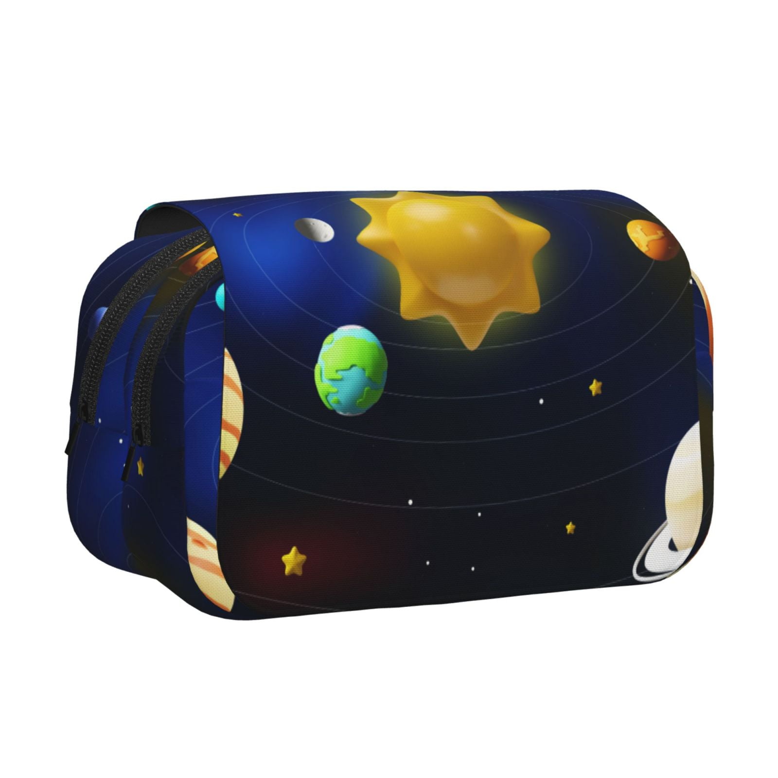 Rateoe Solar System Pattern Double Clamshell Pen Case, Storage Organizer with Two Zipper Compartments– Holds Up to 50 Pencils & Pens