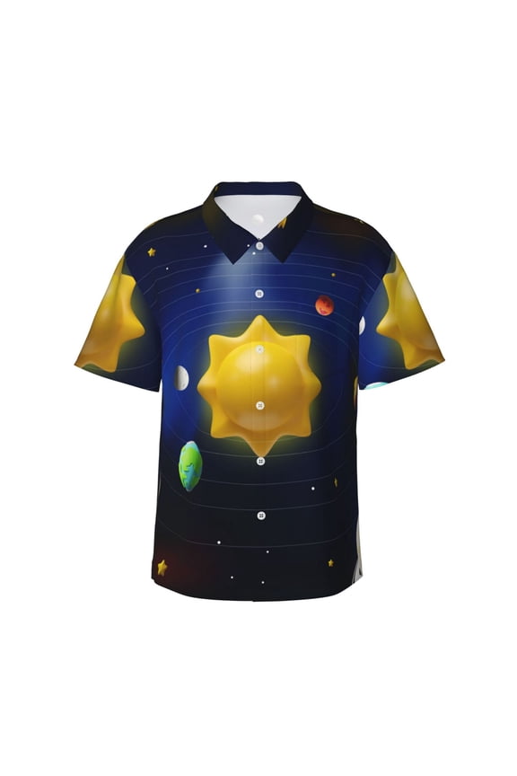 Solar System Pattern Men’s Hawaiian Shirt – Short Sleeve Button-Down Tropical Beach Shirt, Lightweight & Breathable Casual Aloha Shirt with Pocket,3X-Large
