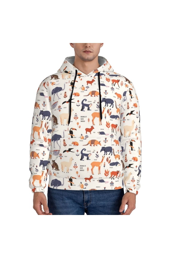 South American Animals Pattern Mens Hoodie, Pullover Hooded Sweatshirt, Kangaroo Pocket Hoodie Ideal for Daily Wear, Travel and Home-Medium