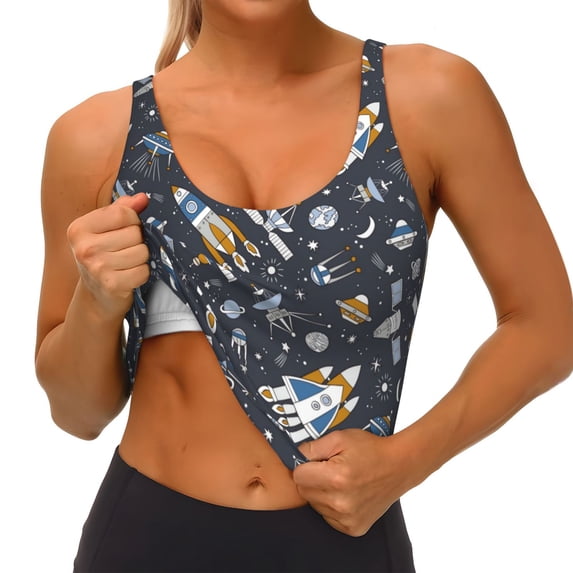 Rateoe Space Cars Print Womens' Sports Bras Scoop Neck Sports Vest- Padded U Back Seamless High Impact Support