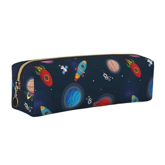 Rateoe Space Cartoon Print Leather Pencil Case with Smooth Zipper, Compact Storage for Writing Tools & Art Supplies, 8.26" x 1.96" x 2.16"