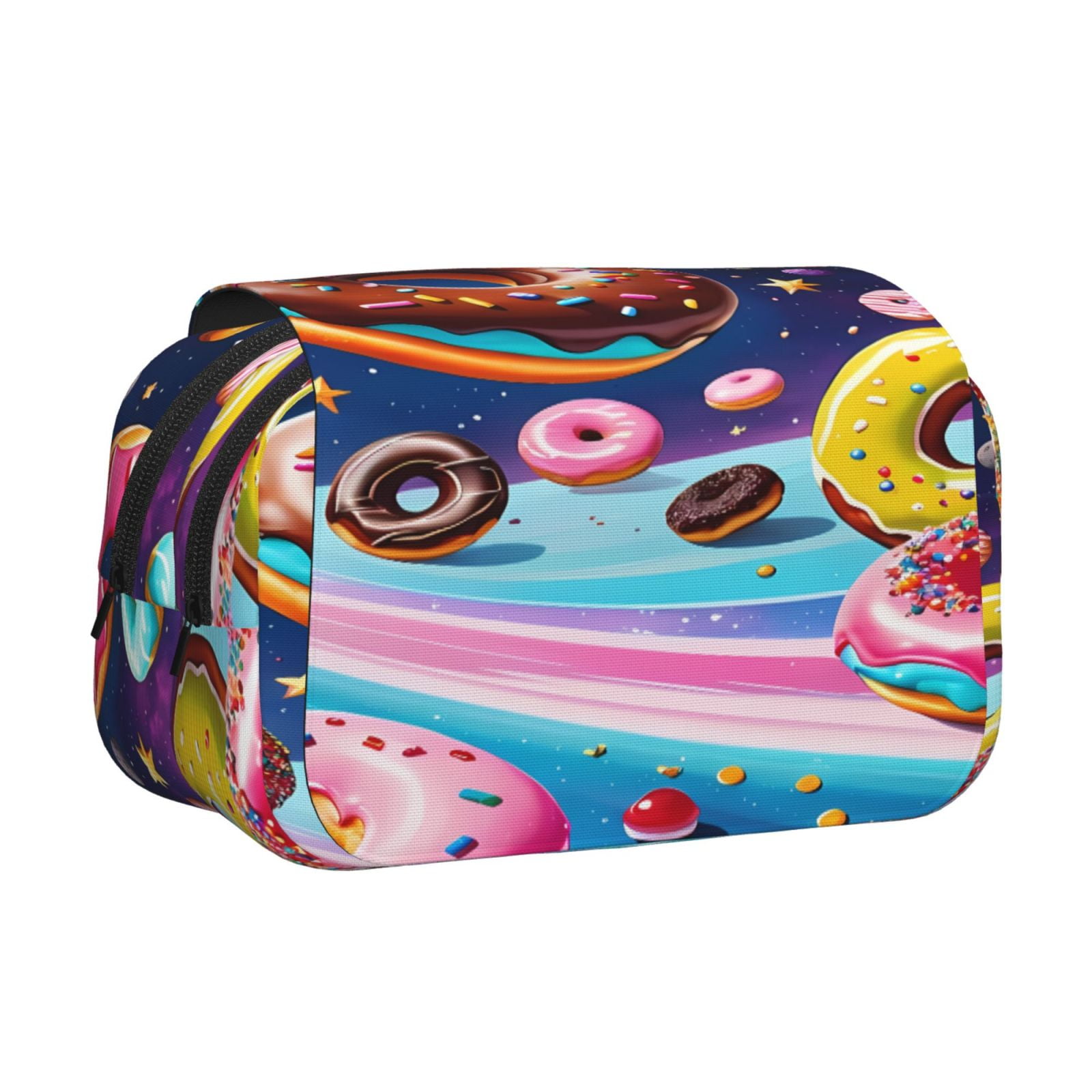 Rateoe Space Colorful Donut Pattern Double Clamshell Pen Case, Storage Organizer with Two Zipper Compartments– Holds Up to 50 Pencils & Pens