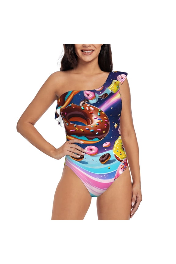 Space Colorful Donut Pattern Women One Piece Swimsuits Tummy Control One Shoulder Bathing Suits Ruffle Swimwear-