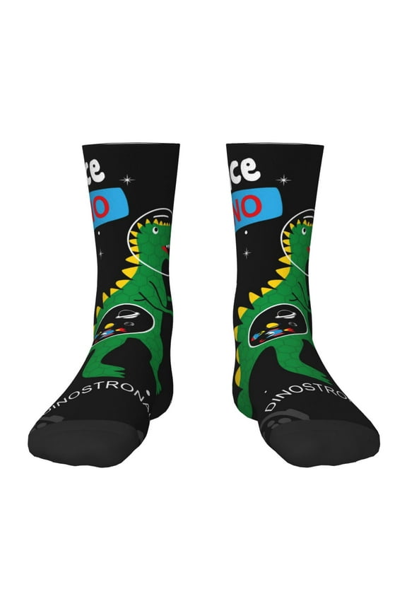 Space Dino Cartoon Black Pattern Children's Socks, Socks Gifts ,kids Crew Soft Cotton Socks , Moisture-Wicking, Durable, Ideal for Daily Wear & Sports