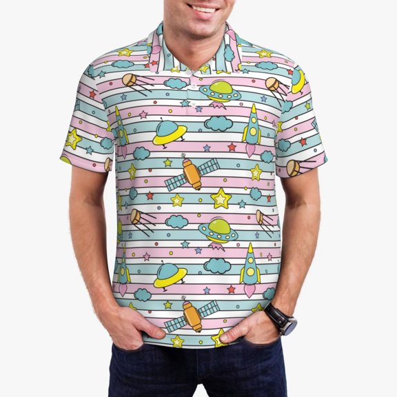 Rateoe Space Doodle Pattern Men's Short Sleeve Polo Shirts, Golf Polo Shirts Short Sleeve Performance Moisture Wicking Dry-Medium