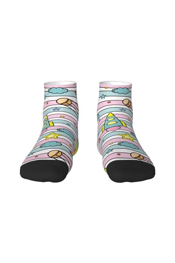 Space Doodle Pattern Quarter Crew Socks,Toe Seamed Ankle Socks,Cotton Cushioned Breathable Athletic Crew Sports Socks