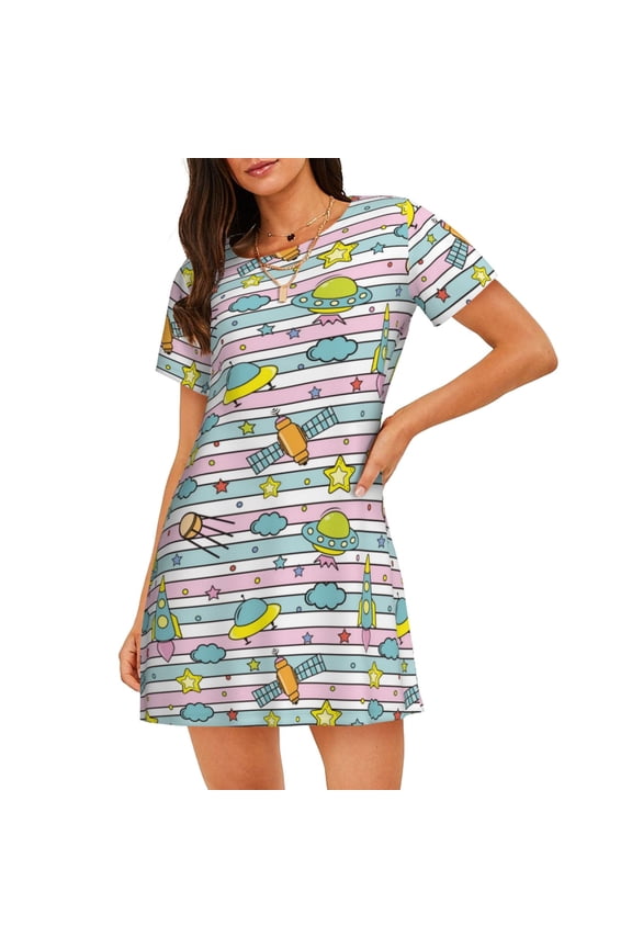 Space Doodle Print Women’s Nightdress – Cozy Cotton Short-sleeved Sleep Shirt, Loose-Fit Sleepwear, Perfect for Relaxing and Sleeping