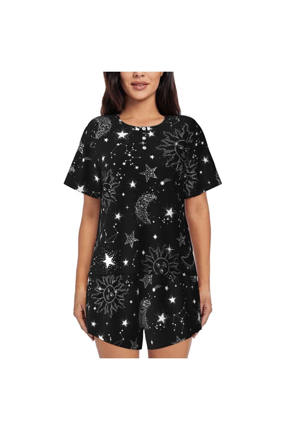 Space Galaxy Pattern Women's Short-Sleeved Pajama Set - 2 Piece Soft and Lightweight Sleepwear Set-Small