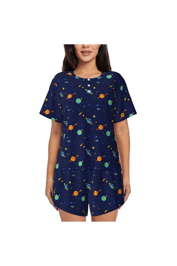 Space Galaxy Pattern Women's Short-Sleeved Pajama Set - 2 Piece Soft and Lightweight Sleepwear Set-X-Large