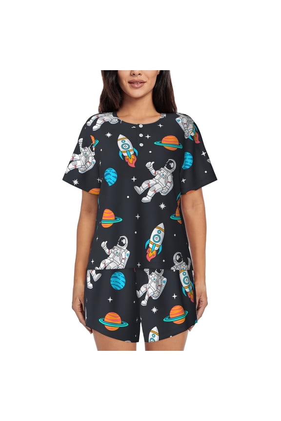 Space Pattern Women's Short-Sleeved Pajama Set - 2 Piece Soft and Lightweight Sleepwear Set-X-Large