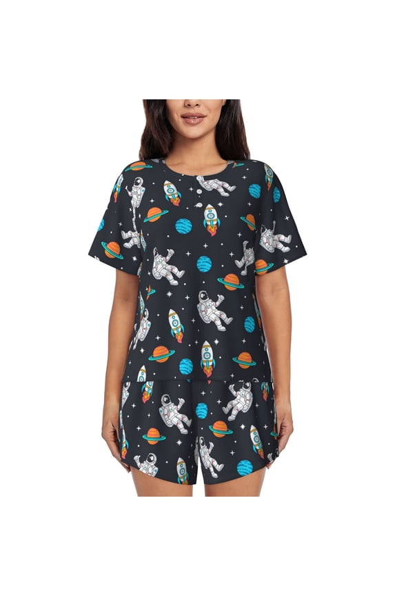 Space Pattern Women's Short-Sleeved Pajama Set - 2 Piece Soft and Lightweight Sleepwear Set-X-Large