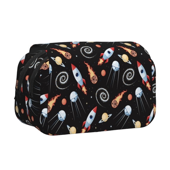 Rateoe Space Rocket Pattern Double Clamshell Pen Case, Storage Organizer with Two Zipper Compartments Holds Up to 50 Pencils & Pens