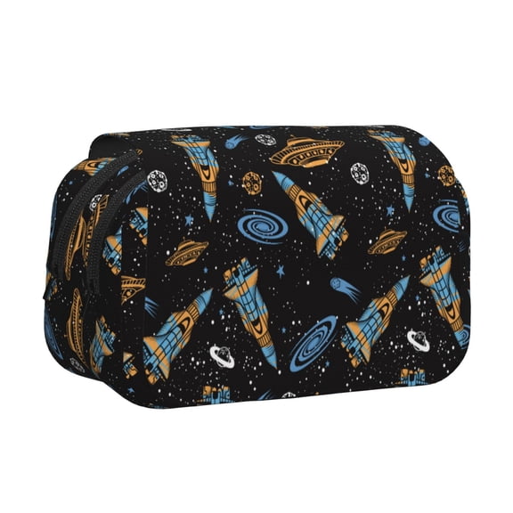 Rateoe Space Rocket Pattern Double Clamshell Pen Case, Storage Organizer with Two Zipper Compartments Holds Up to 50 Pencils & Pens