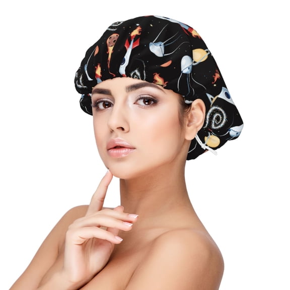Rateoe Space Rocket Pattern Silk Satin Hair Bonnet for Sleeping, Adjustable Sleep Cap Turban for Women , Curly Straight Hair Long Large Braid