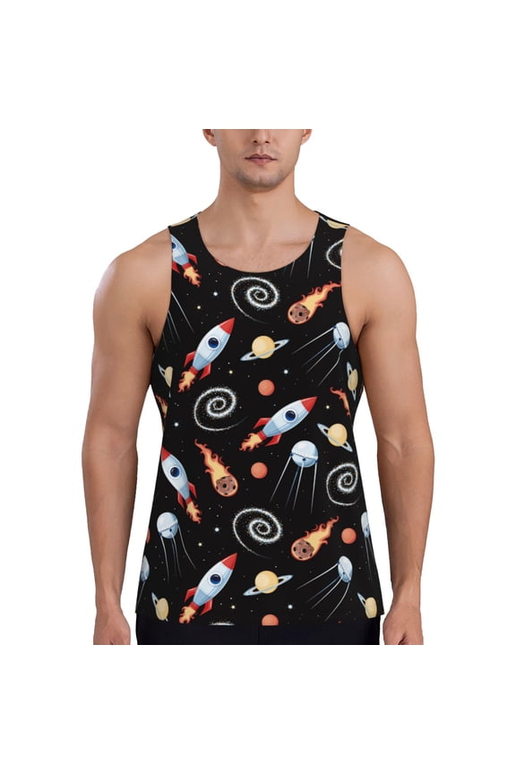 Space Rocket Pattern Sleeveless Gym Shirt Muscle Tee Breathable Workout Shirt Slim-Fit Tank Quick Dry Fit Muscle Tank Top Bodybuilding Sleeveless T Shirt-Small