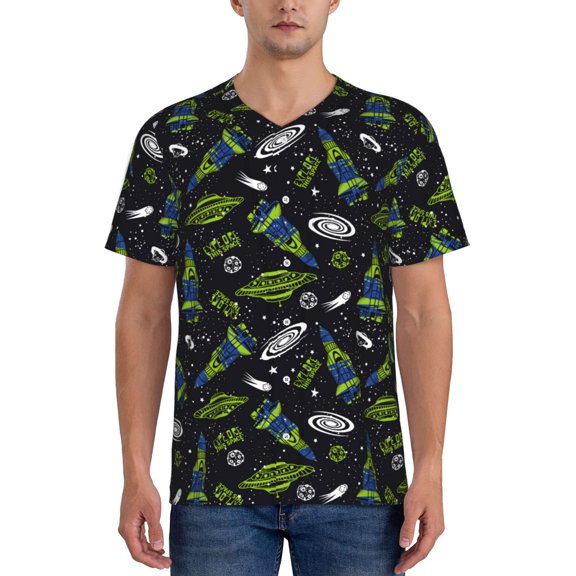 Rateoe Space Rockets Pattern Men’s Baseball Short Sleeve Polo Shirt, Midweight Men's Shirt Golf Shirt Polo Shirts Quick Dry Short-Large